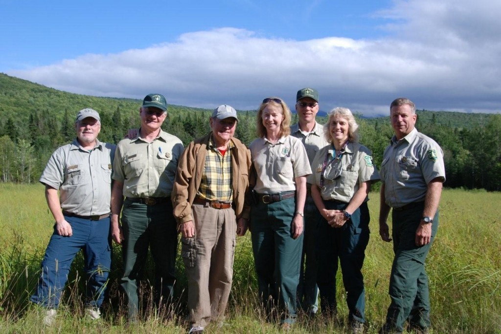 Left to Right: Roger Simmons, WMNF Ecosystem Team Leader, Dee Hines, WMNF Deputy Forest Supervisor, David Willcox, Randolph Community Forest, Kathleen Atkinson, Eastern Region Regional Forester, Bill Dauer, WMNF Technical Services Team Leader & Forest Engineer, Katie Stuart, Androscoggin District Ranger, Tom Wagner, WMNF Forest Supervisor. Photo courtesy of John Scarinza, Chair, Randolph Community Forest Commission.